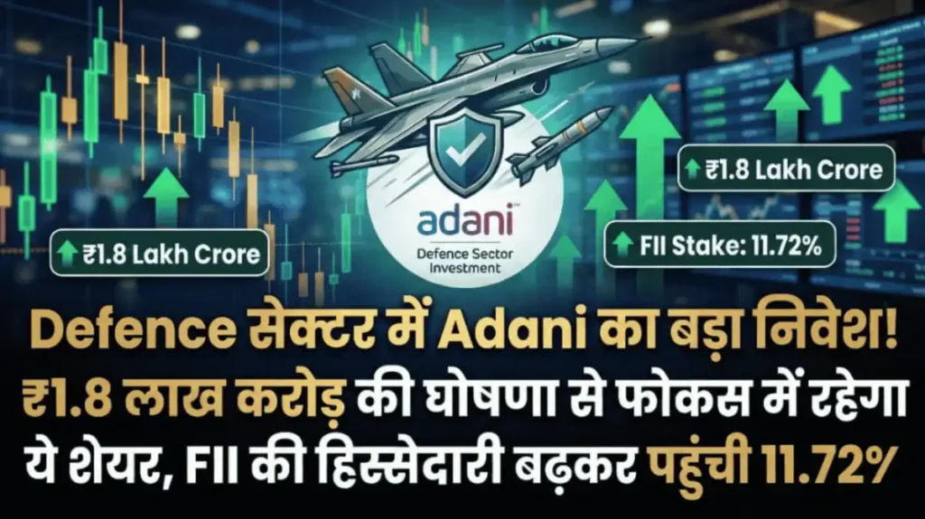 Defence सेक्टर में Adani का बड़ा निवेश! ₹1.8 लाख करोड़ की घोषणा से फोकस में रहेगा ये शेयर, FII की हिस्सेदारी बढ़कर पहुंची 11.72%
